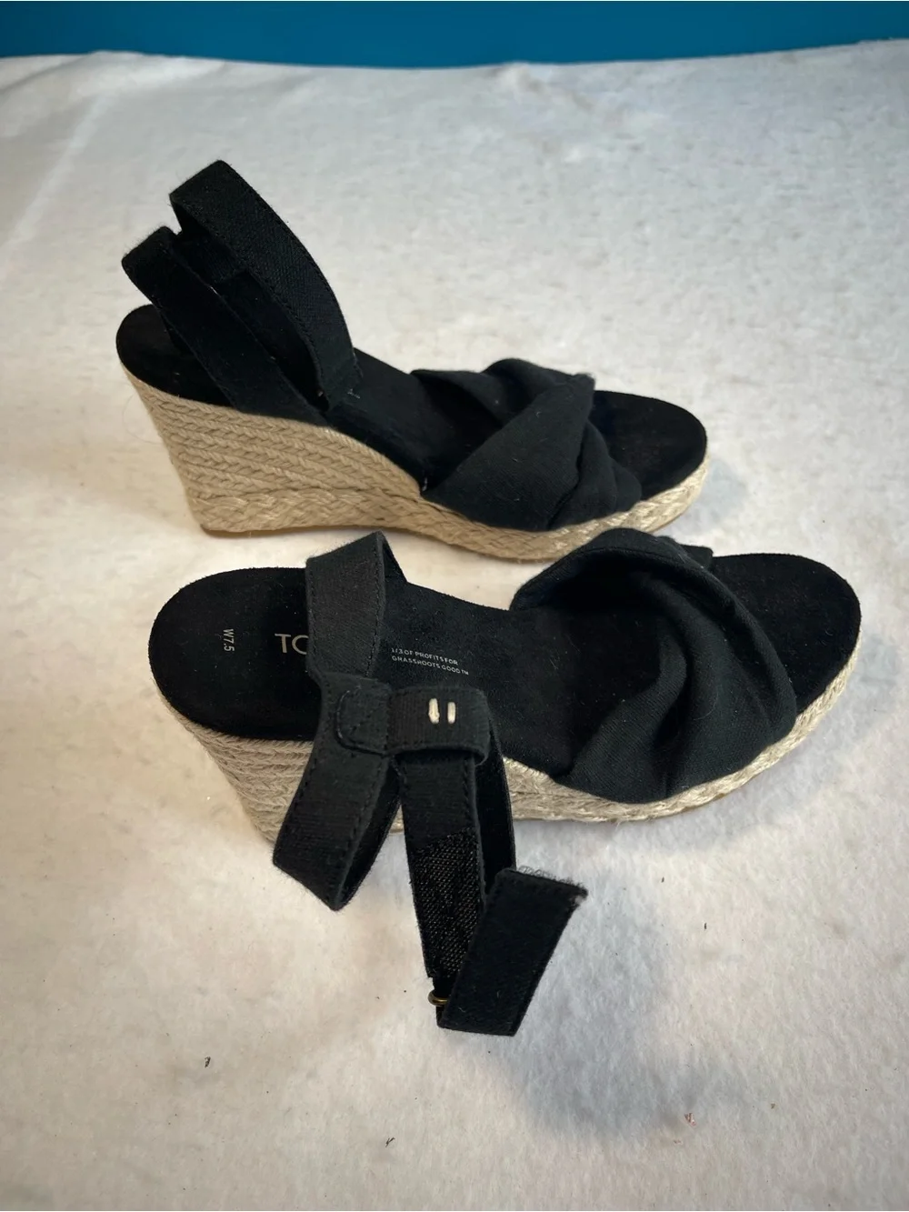 TOMS Black Canvas Espadrille Wedge Sandals Ankle Strap Women’s 7.5